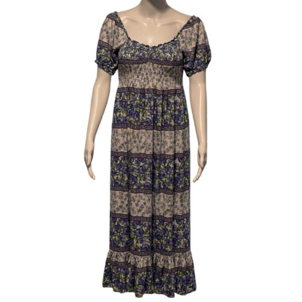 Just Found‎ Purple Blue Floral Smocked Maxi Dress Puff Sleeve Size Medium